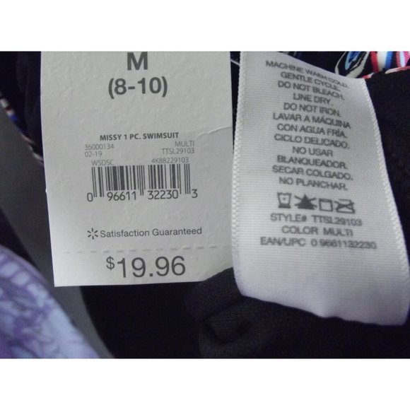 Time & Tru Missy Medium One Piece Swimsuit black blue pink paisley halter v-neck - Picture 8 of 9